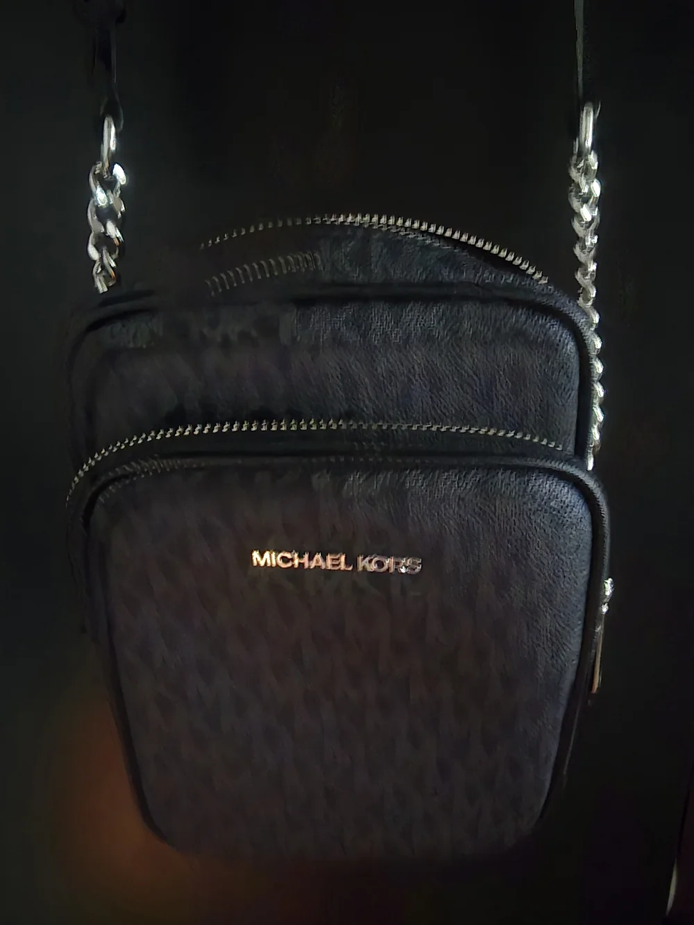 Michael Kors Black Leather Messenger Crossbody with Silver Chain Detail